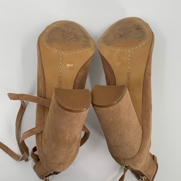Vince Camuto Tannen peeptoe sandal block heel shoe tan suede ankle tie strappy 9 - Picture 5 of 5